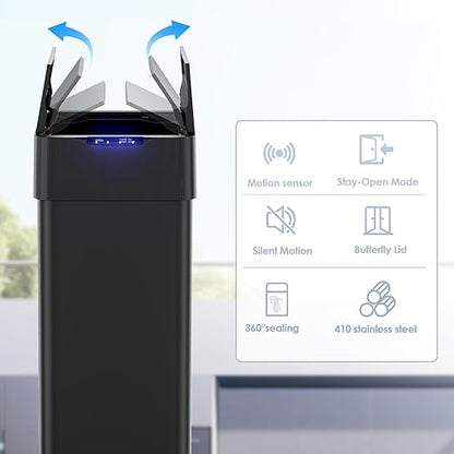 TLSUNNY 21.1 Gallon Automatic Trash Can, Stainless Steel Motion Sensor Garbage bin, Smart Trash Can W/Butterfly Lid, Bag Retainer Ring and Display Light for Living Room,Kitchen,Office (Black, 80L)