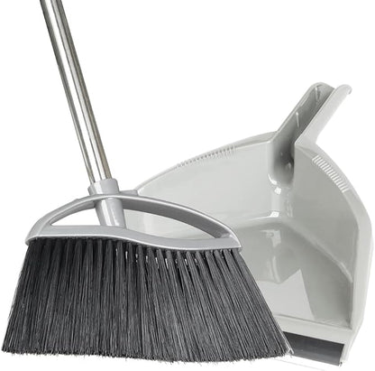Soft Bristle Broom and Dustpan Combo Set, Long Handle Indoor Broom with Dustpan Set for Kitchen Hardwood Room Office and All Household Floor Cleaning (Gray)