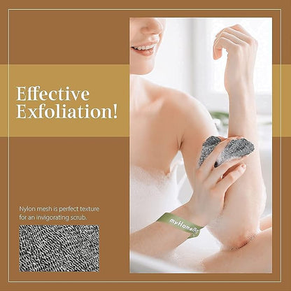 myHomeBody Soap Pocket Squares Exfoliating Pouch, Body Scrubber, Exfoliator Sponge for Bath or Shower, or Leftover Bits Saver, Graphite Gray, 3 Pack + 2 Lift Pads