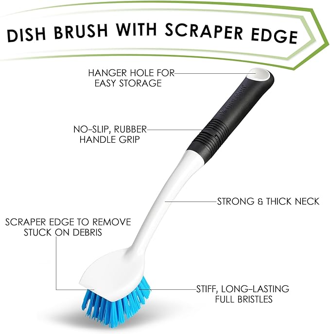 MOSOLAN Dish Brush Set of 3 with Water Bottle Brush, Dish Scrub Brush and Scrubber Brush, Long Handle Kitchen Scrub Brushes for Dishes, Bottles, Cups, Pots, Pans and Sinks, Flat Head