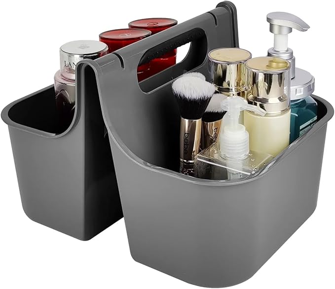 J&V TEXTILES Portable Shower Caddy, Bathroom Organizer Basket, Perfect Size for Dorm/College, Plastic Bath Tote, Dries Quickly with Drainage Holes, Soft Grip Carrying Handle (Gray, Medium)