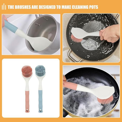 2 PCS Silicone Dishwashing Brush, Non-Stick Pot Scrubber with Long Handle, Durable Scrub Brushes for Cleaning Dishes, Cast Iron Pans, Sinks and Kitchen Cookware, Heat Resistant Cleaning Tool