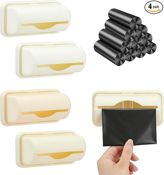JINGIHE 4 Pcs Trash Bag Holder with 200 Garbage Bags, Adhesive Space-Saving Plastic Bag Dispenser, Kitchen Storage Organizer for Wall Mount Under Sink Inside Trash-can Washroom