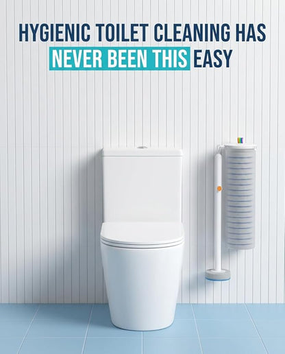 Disposable Toilet Cleaning Brush Kit with 18 Refill Heads, One-Press Release, Built-in Cleaning Solution, Wall-Mounted Storage, Ideal for Bathroom, Home, Rental and Airbnb