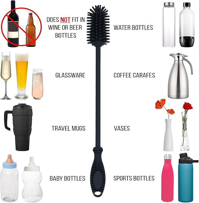 Kitchiny Silicone Bottle Brush with 2 Straw Cleaners - 12.5” Water Bottle Cleaner Brush for Yeti, Hydro Flask, Owala, Stanley, Baby Bottles, Glassware, Vases & Narrow Neck Containers - Grey