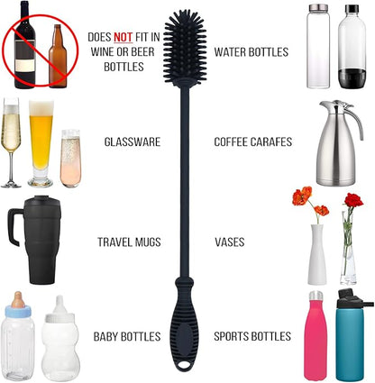 Kitchiny Silicone Bottle Brush with 2 Straw Cleaners - 12.5” Water Bottle Cleaner Brush for Yeti, Hydro Flask, Owala, Stanley, Baby Bottles, Glassware, Vases & Narrow Neck Containers - Grey