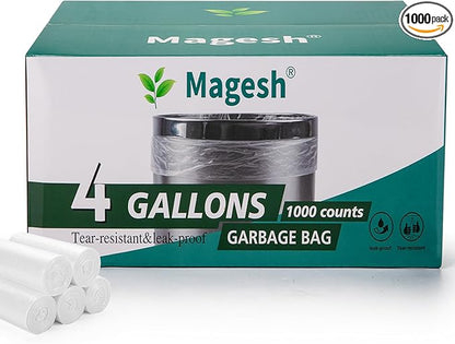 Magesh 4-6 Gallon Trash Bag Strong, Leakage-Free, Small Garbage Bags Unscented Thick for Bathroom, Office, Kitchen Small Trash Can, 15L, 1000 Bags, Clear