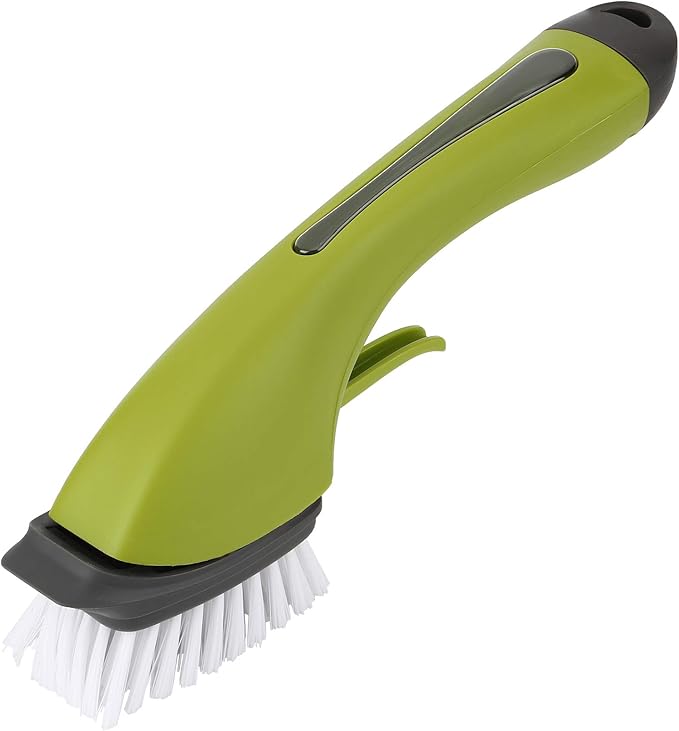 Zerodis Brushes Long Handle Scrub Brush Soap Dispening Tool Suitable for Sinks Countertops Grout Lines Pan Dish Washing Pot Brush with Pot (Green)
