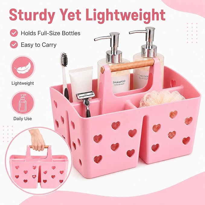 Pink Portable Shower Caddy with Wooden Handle, Plastic Shower Basket Organizer with Drainage Holes & 3 Compartments, Dorm Shower Caddy for College Students, Bathroom, Gym, Camping Toiletry Storage