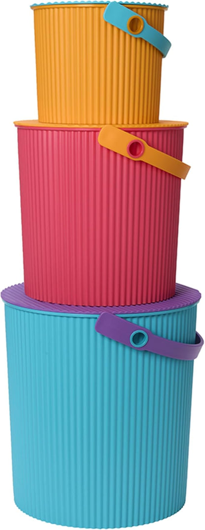 Hachiman Bucket Set of 3 - Includes Mini, Large, and Extra Large Heavy Duty Buckets with Lid and Handle - Hands-Free Filling - Easy to Stack and Store - Indoor Outdoor Use - Bright Colors