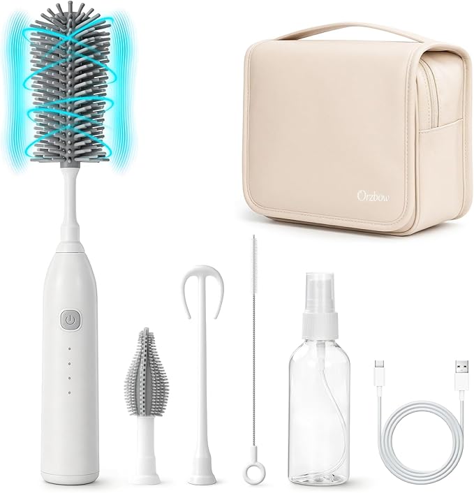 Electric Bottle Brush Cleaner, Electric Baby Bottle Brush Set with Silicone Bottle/Nipple/Straw Brush Soap Dispenser/Storage Bag for Home and Travel, White