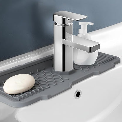 Silicone Faucet Handle Drip Catcher Beveled Drying Tray Mat Dish Soap Sponge Holder Accessories Gadgets for Kitchen Counter Bathroom Kitchen Sink Splash Guard (16.9")