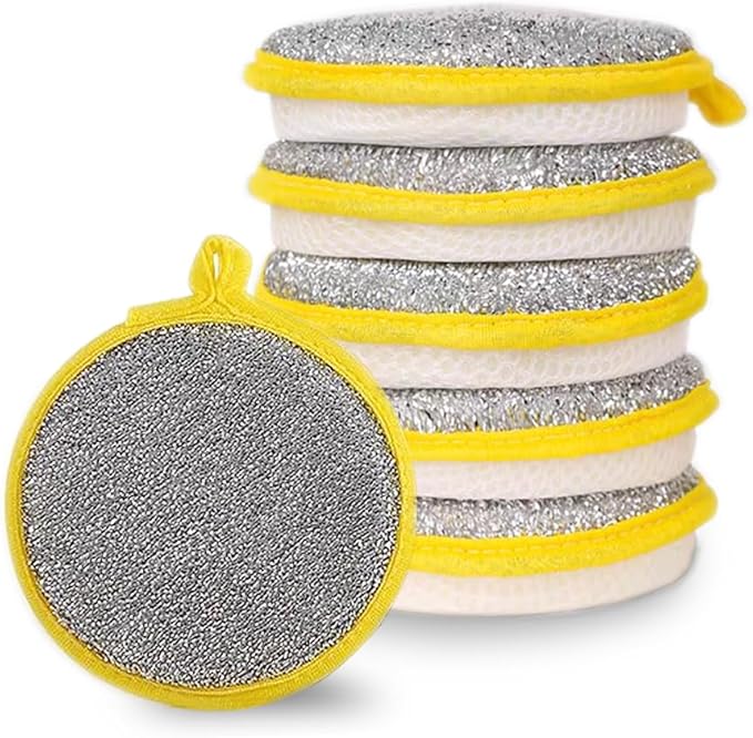Double-Sided Non-Scratch Dish Sponge Scrubber - Reusable Round Scouring Pads for Dishes, Pots & Pans, Kitchen Sink Cleaning Tool (5)