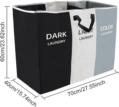 168L Laundry Hamper, Large Blanket Storage Basket Sorter 3 Section Bag Organizer for Dirty Clothes - Toys - Towel,15 X 23 X 28 inch Heavy Duty Laundry Cart Baskets (Black and white gray bag)