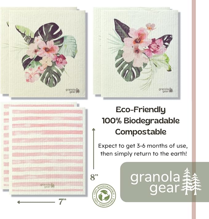 Swedish Dishcloths for Kitchen 6-Pack Reusable Paper Towels, Eco-Friendly, Compostable, Biodegradable Dish Wash Cloths, Washable Sponge, Watercolor Flower Art-Tropic Like It's Hot