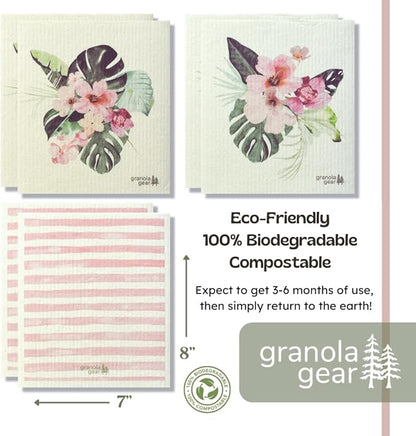 Swedish Dishcloths for Kitchen 6-Pack Reusable Paper Towels, Eco-Friendly, Compostable, Biodegradable Dish Wash Cloths, Washable Sponge, Watercolor Flower Art-Tropic Like It's Hot