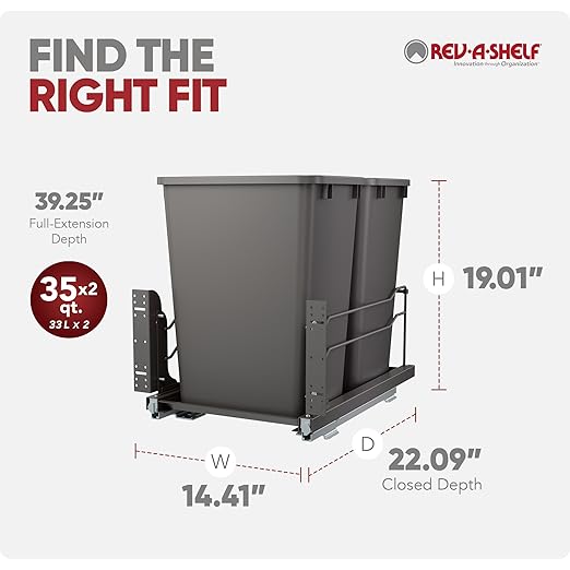 Rev-A-Shelf Double Pullout Trash Cans for Under Kitchen Cabinets 35 Quart 8.75 Gallon with Soft-Close Slides, 14.5" Min Opening, 53WC-1835SCDM-213