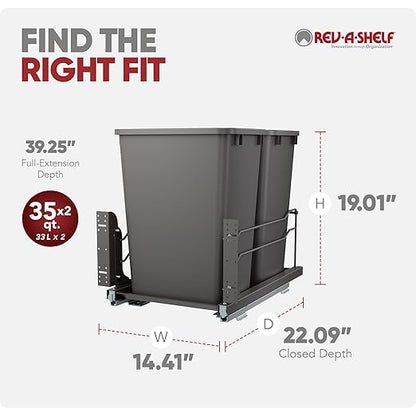 Rev-A-Shelf Double Pullout Trash Cans for Under Kitchen Cabinets 35 Quart 8.75 Gallon with Soft-Close Slides, 14.5" Min Opening, 53WC-1835SCDM-213