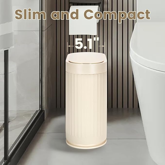 ELPHECO Bathroom Trash Can 2 Gallon Plastic Smart Garbage Can Waterproof Wastebasket Bathroom Decor Narrow Garbage Bin with Automatic lid for Bedroom, Kitchen (Beige)
