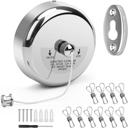 Catcan Retractable Clothesline, Stainless Steel Round Clothes Line Retracting Indoor for Hotel, Bathroom, Laundry with 10 PCS Metal Clothespins Adjustable Rope Shower Clothing Line(9.2FT Nylon String)