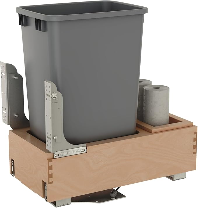 Rev-A-Shelf Pullout Under Counter Trash Can, 50 Qt 12.5 Gal Garbage Container with Soft-Close and Soft-Open Slides, Silver, 4WCBM-1550DM-1