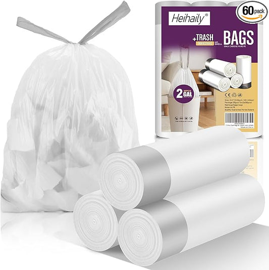 2 Gallon Trash Bags Drawstring - 3 Rolls 60 Counts Mini Garbage Bags for Home Office Outdoor Small Trash Can Bulk Unscented Clear White Strong Thick Plastic Wastebasket Liners Heihaily