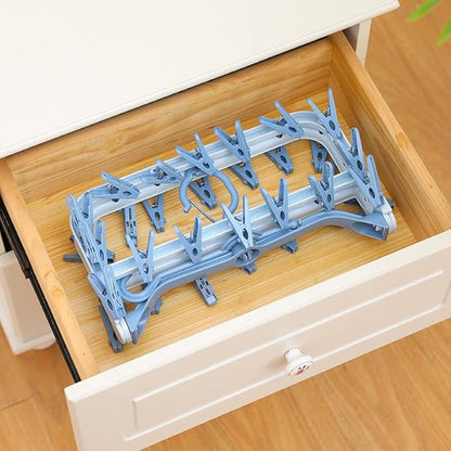 Foshine Clothes Drying Racks Foldable Clip Hangers Drip Hanger Plastic with 32 Drying Clips Wind-Proof Hook Underwear Hanger for Socks Bras (Blue)