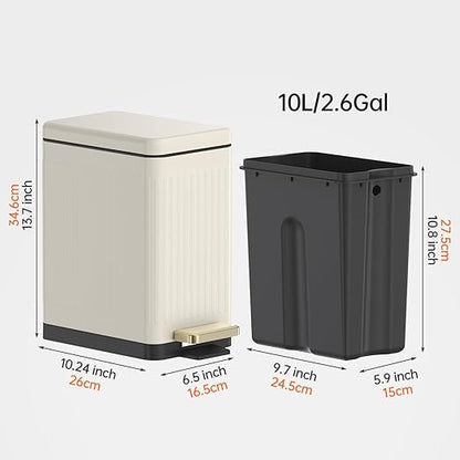 Mbillion Bathroom Trash Can with Lid-Stainless Steel Step Slim Garbage Can-Metal Wastebasket-10L/2.6 Gallon Rectangle Pedal Trash Bin for Narrow Office, Kitchen, Bedroom, Toilet-Soft Close, White