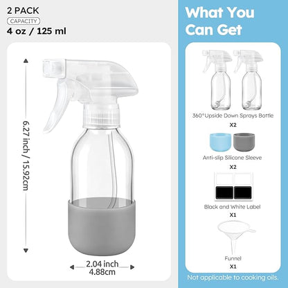 Tecohouse 2 Pack 360° Glass Spray Bottles with Silicone Sleeve, 4 oz Clear Empty Refillable Containers with Adjustable Spray Nozzles, Dark Spray Bottles for Cleaning Solutions, Plants (Blue & Grey)