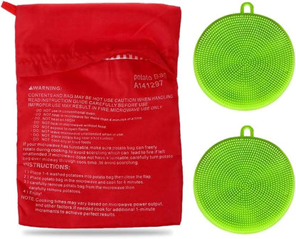 Premium Microwave Potato Bag Kit, with 2PCS Silicone Vegetable Scrubber Brush, Reusable Baked Potato Pouch and Multipurpose Silicone Dish Sponge - Perfect Dishes in Just 4 Min (Green)