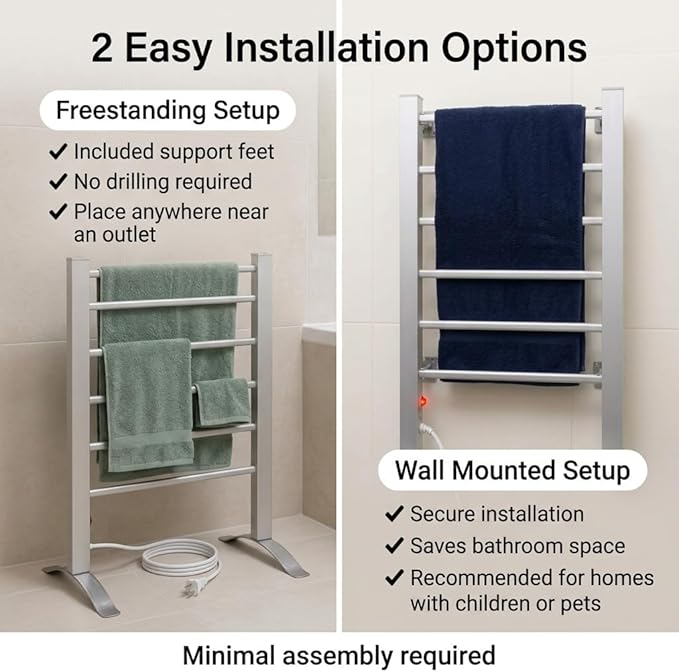 Pursonic TW300 Towel Warmer Rack for Bathroom – 6-Bar Electric Heated Towel Rack, Wall Mounted or Freestanding Setup, Plug-in Towel Dryer, Minimal Assembly Chrome-Plated