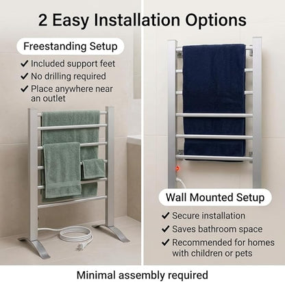 Pursonic TW300 Towel Warmer Rack for Bathroom – 6-Bar Electric Heated Towel Rack, Wall Mounted or Freestanding Setup, Plug-in Towel Dryer, Minimal Assembly Chrome-Plated