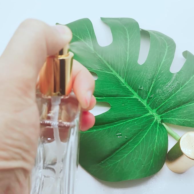 5PCS Square Glass Spray bottle,3.4oz Small Refillable Container with Fine Mist srpayer,Perfume bottle (100ml, Clear+Gold)