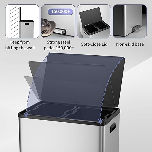 Large Stainless Steel Dual Compartment Recycling Trash Can 60 l/16 Gal Recycle Bins with Lid Waste Bin with Removable Buckets, Bathroom,Kitchen Garbage Can