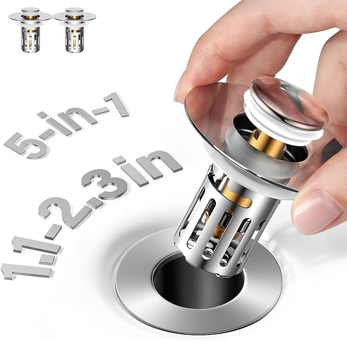 5-in-1 Bathroom Sink Stopper, 2 Pc Pop-Up Drain Stopper with Removable Hair Catcher, Anti-Clog Strainer, Odor Blocking & One-Way Flow Design, All Metal Brass Core & Stainless Steel, Fit 1.1"–2.36"
