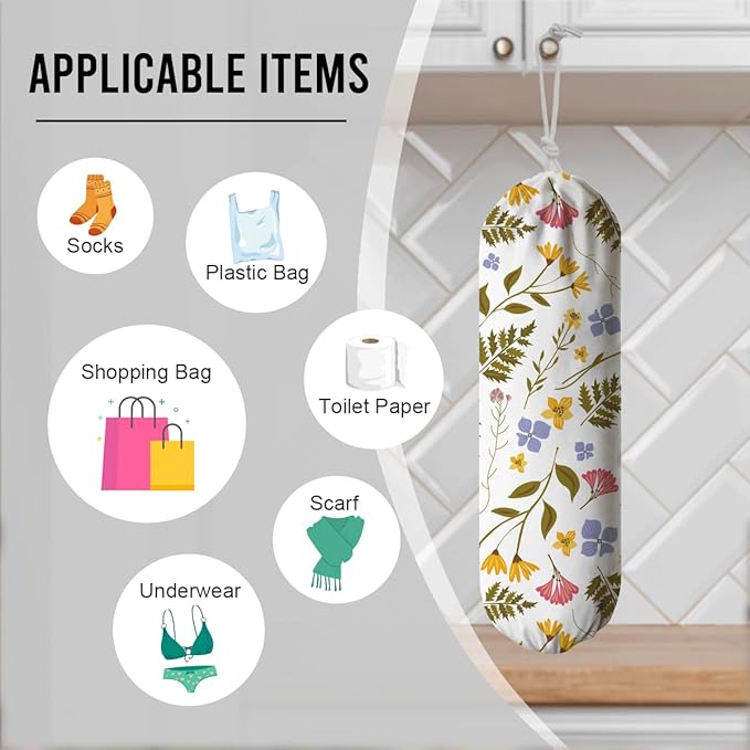 Weeds Plastic Bag Holder, Reusable Washable Shopping Bags Storage Carrier, Floral Fabric Garbage Trash Bag Dispenser for Home Kitchen Pantry Cabinet, Wall Mount, Kitchen Housewarming Gifts