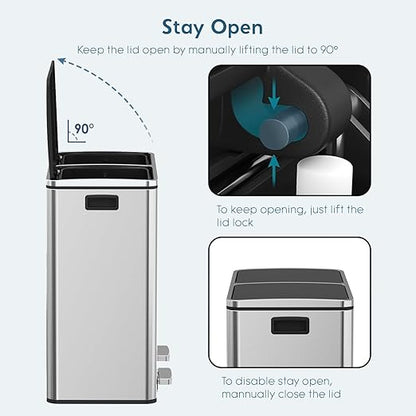 Arlopu Dual Trash Can, 2 x 8 Gallon (2 x 30 L) Hands-Free Trash and Recycle Bin Combo, Stainless Steel Kitchen Garbage Can with Soft-Close Lid, Removable Inner Buckets, Step Pedal, Airtight (Silver)