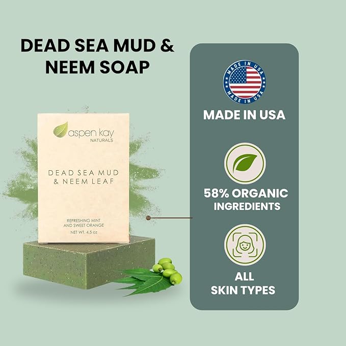 Aspen Kay Naturals Dead Sea Mud and Neem Soap - With Organic Shea Butter & Olive Oil. A Wonderful Neem Face Wash for all Skin Types. Handmade Soap - Made in USA. (3 pack)