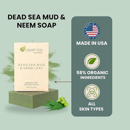 Aspen Kay Naturals Dead Sea Mud and Neem Soap - With Organic Shea Butter & Olive Oil. A Wonderful Neem Face Wash for all Skin Types. Handmade Soap - Made in USA. 4.5 oz Bar
