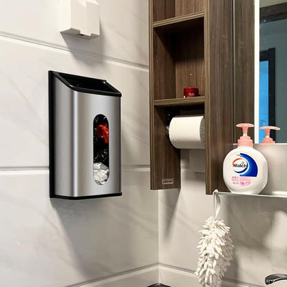 Plastic Bags Holder Grocery Dispenser for Kitchen Trash Bag Storage with Stainless Steel Front, Wall Mounted with Extra Wide Easy Access Openings