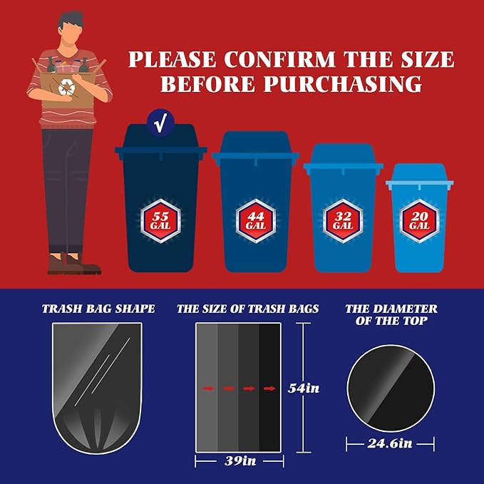 Teivio 55-60 Gallon Black Trash Bags | 180 Bags Extra Large Multi-Use Heavy Duty Commercial Garbage Bags | Lawn And Leaf Bags | Outdoor Yard Waste Bag | Contractor Workshops Trash Bin Liner