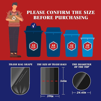 Teivio 55-60 Gallon Black Trash Bags | 180 Bags Extra Large Multi-Use Heavy Duty Commercial Garbage Bags | Lawn And Leaf Bags | Outdoor Yard Waste Bag | Contractor Workshops Trash Bin Liner