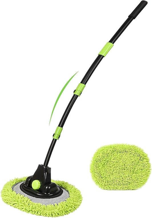 57'' Car Wash Brush with Long Handle Chenille Microfiber Car Wash Kit Mitt Retractable Bent Pole Car Wash Mop for Cars RV Truck Boat (Green-2)
