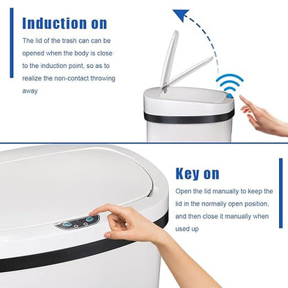 Kitchen Trash Can Office Bathroom Bedroom Waste Bin with Lid Automatic Sensor Touch Free Stainless Steel Garbage Can 13 Gallon / 50L,White