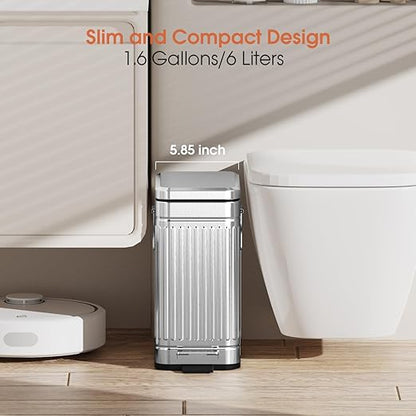Small Bathroom Trash Can with Lid Soft Close, 6L / 1.6 Gallon Stainless Steel Garbage Can with Step Pedal & Odor Control, Slim Trash Bin for Toilet, Office, Bedroom - Sliver