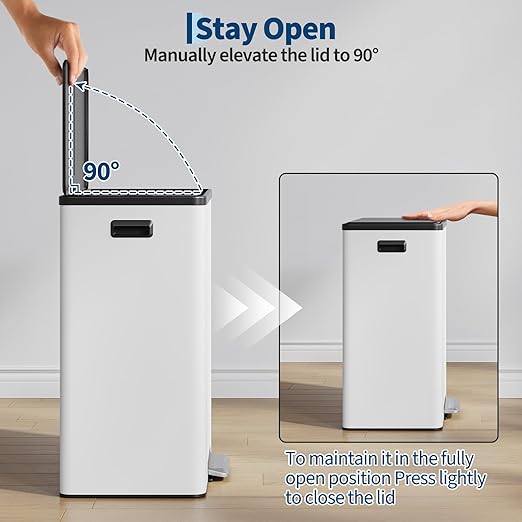 16 Gallon/60 L Dual Trash Can, Stainless Steel Garbage Can with Soft-Close Lid & Step Pedal, 2 x 8 Gallon Commercial Double Recycling Bin with 2 Removable Inner Buskets for Kitchen Office, White
