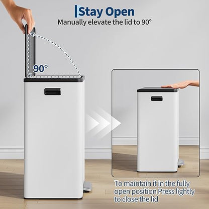 16 Gallon/60 L Dual Trash Can, Stainless Steel Garbage Can with Soft-Close Lid & Step Pedal, 2 x 8 Gallon Commercial Double Recycling Bin with 2 Removable Inner Buskets for Kitchen Office, White