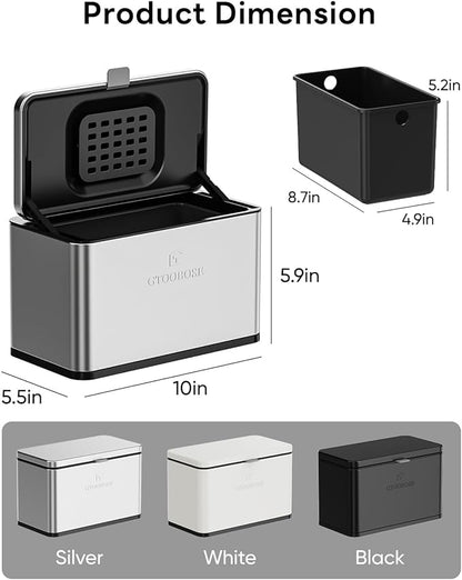 Kitchen Mini Compost Bin, 4L/1G Small Trash Can with Lid, Slim Stainless Steel Hanging Garbage Bin for Kitchen, Bathroom, Bedroom, Office, Wall Mounted Compost Bin with Inner Bucket, Silver