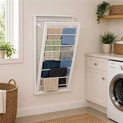 Honey-Can-Do Wall-Mounted Wooden Clothes Drying Rack with Drying Rod, Foldable Space-Saving Laundry Rack, Holds 30 lbs, Stylish White MDF Design for Laundry Room Bathroom, 23"W x 42"H