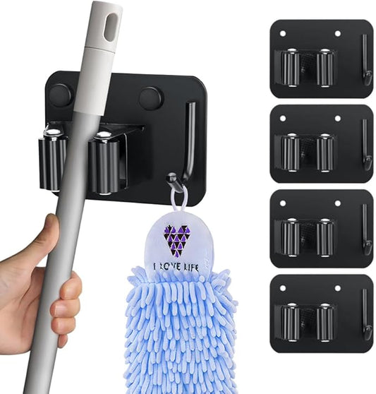 JAMEND CLXP 4-Pack Broom Holder with Heavy Duty Hooks, Upgraded Stainless Steel Mop Hanger. Wall Mount Utility Tool Rack for Kitchen Garden Laundry Garage. Matte Black.